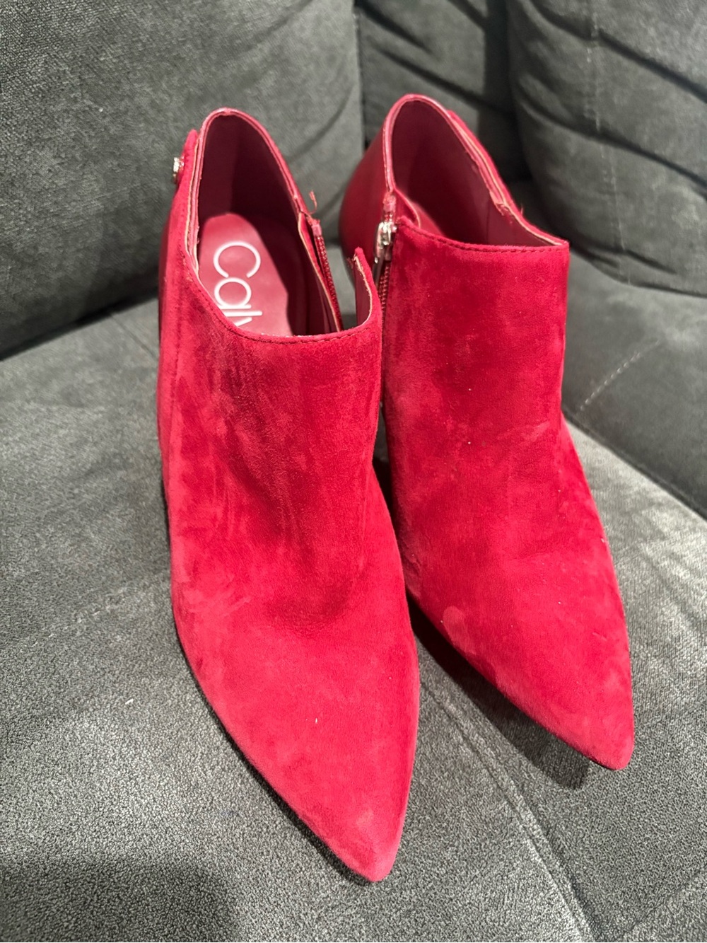 Calvin Klein Vibrant Red Suede Pointed Ankle Booties